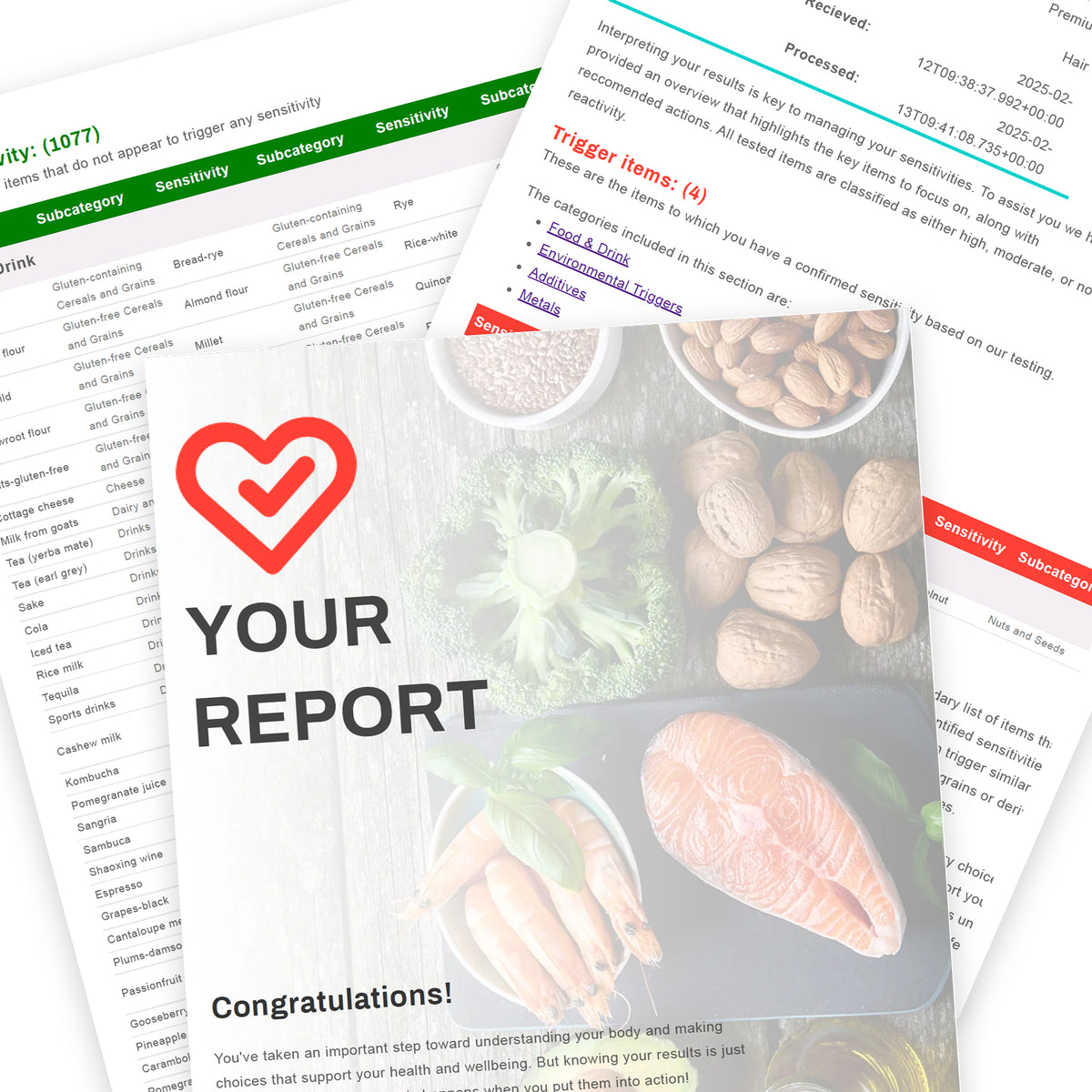 NDS Essential food sensitivity test kit report collage showing test results and sample analysis for dietary sensitivities.